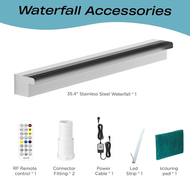 Kfpmx Pool Fountain Stainless Steel Waterfall with LED Lights - 35.4" LED Strip Remote Control with 18 Colors, Smooth Water Flow & Cascade Blade, Easy Installation for Outdoor, Garden, Patio & Ponds - Image 4